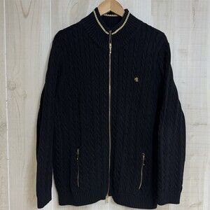 Ralph Lauren Women’s 2X Black Cable Knit Full Zip Sweater Gold Trim RL Logo